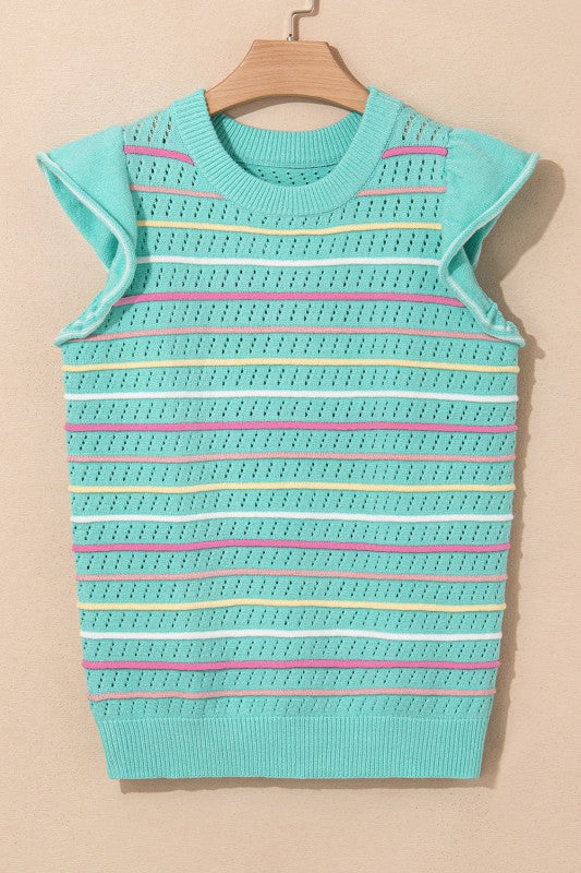Stripe Eyelet Knit Ruffle Sleeve Sweater