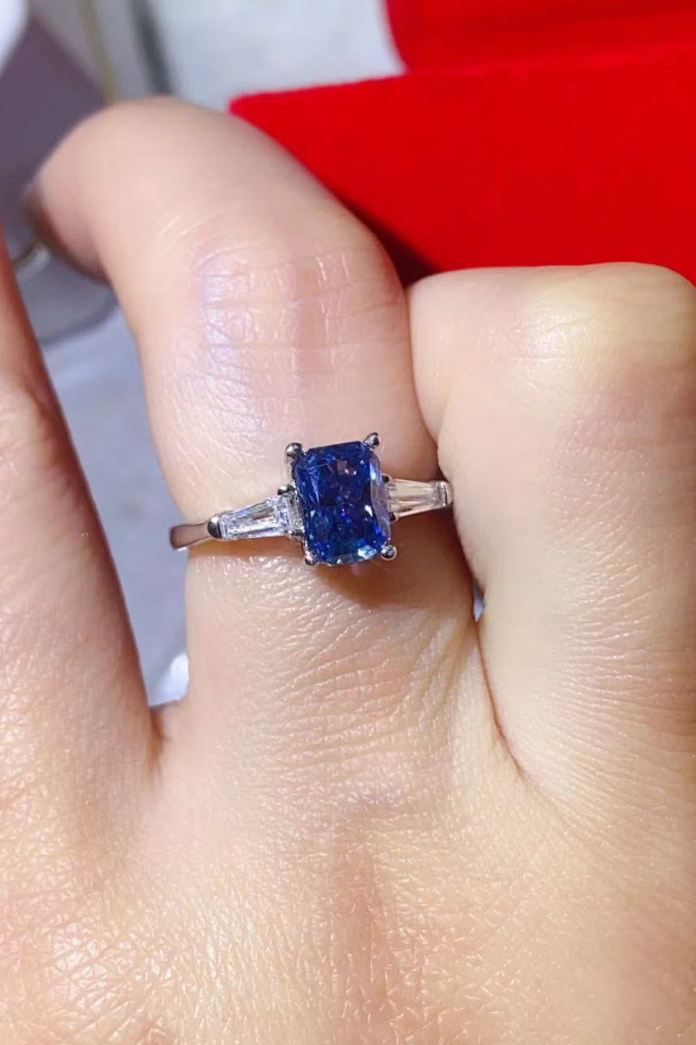 1 Carat Blue Radiant-Cut Sparkala™ Platinum-Plated Rectangle Ring in Blue