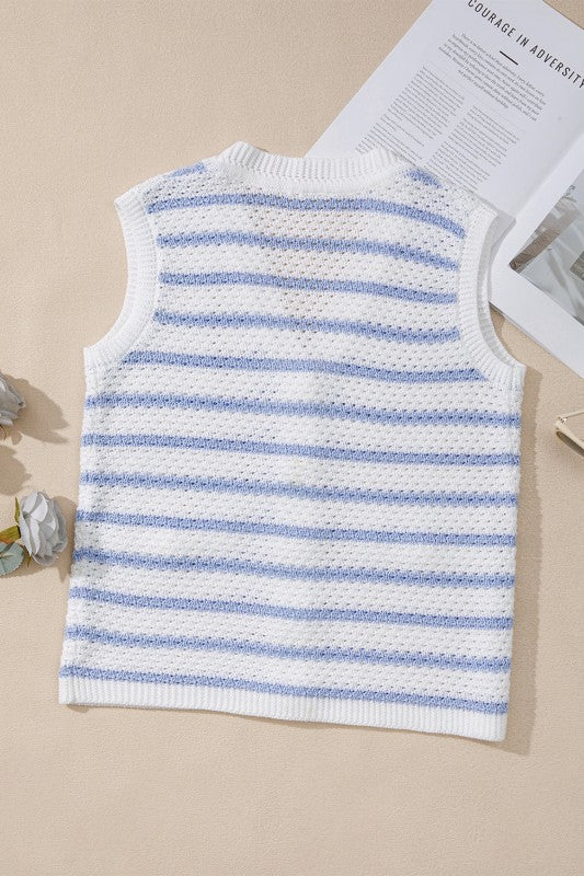 Stripe Buttoned V-Neck Sweater Knit Top