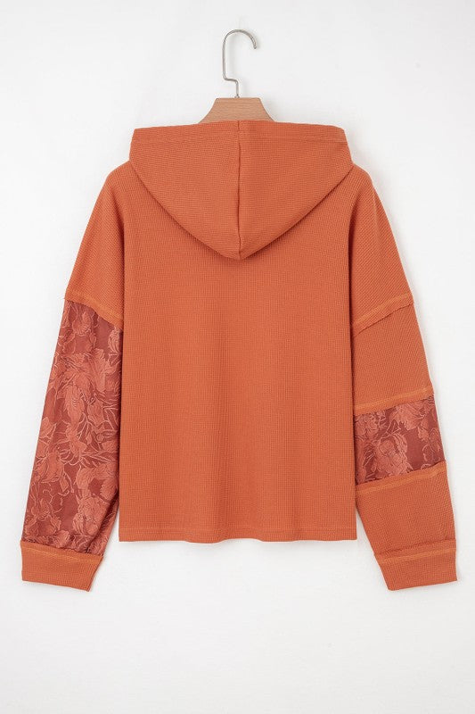 Stripe Waffle Patchwork Hooded Long Sleeve Top
