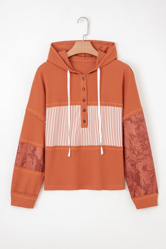 Stripe Waffle Patchwork Hooded Long Sleeve Top