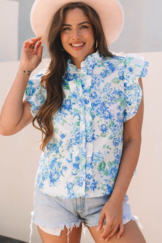 Floral Ruffle Sleeve Frilled Button-Up Shirt