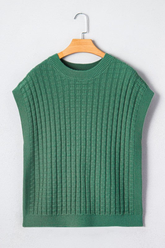Solid Textured Round Neck Short Sleeve Sweater