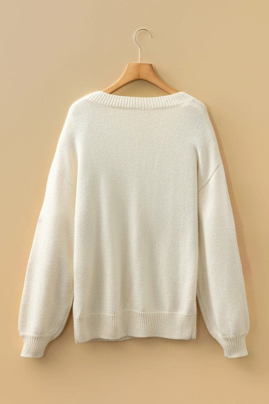 Floral Embroidered Sleeve Round Neck Loose Sweater