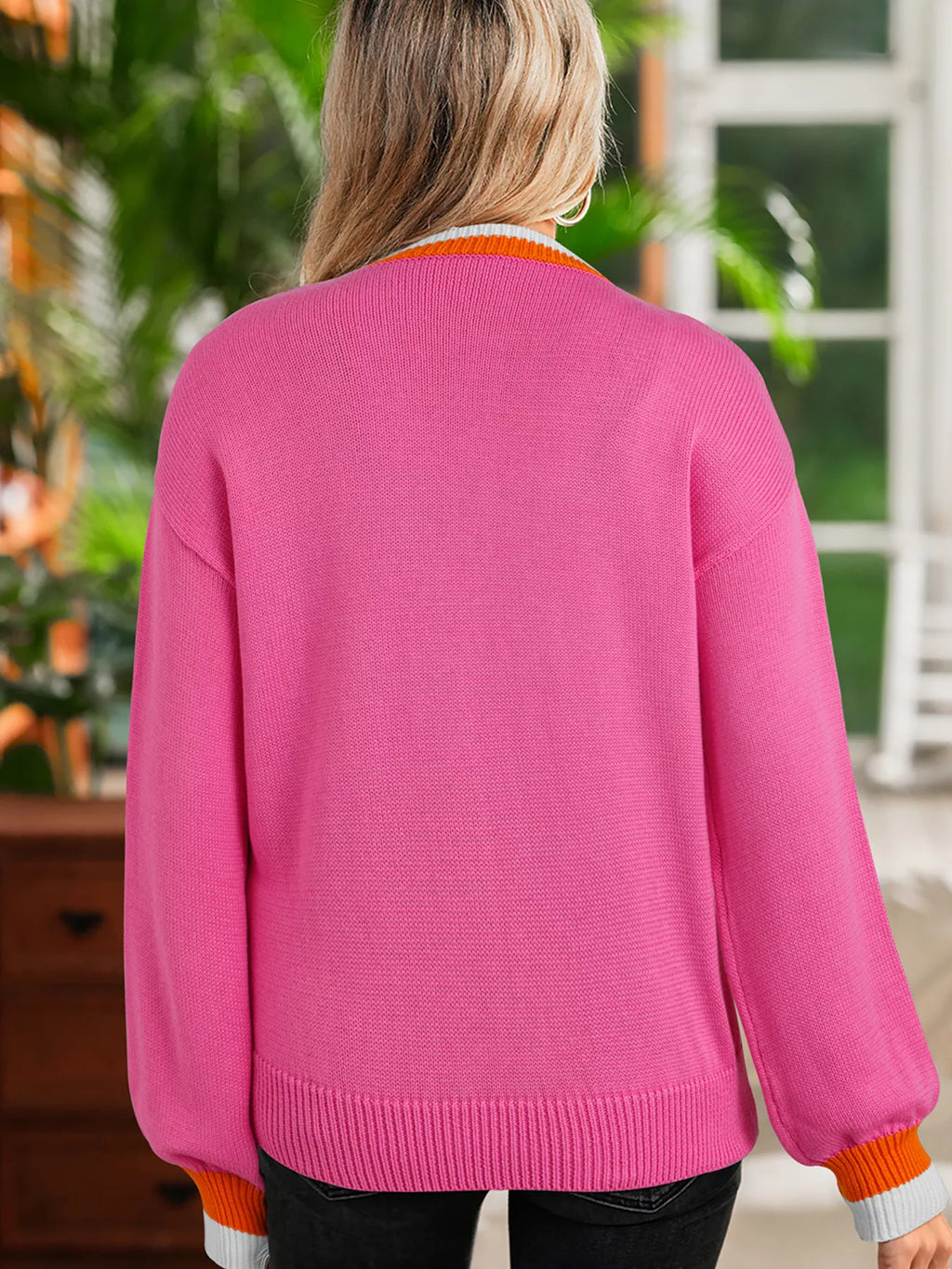 Contrast Crew Neck Pearled Decor Drop Shoulder Knit Sweater