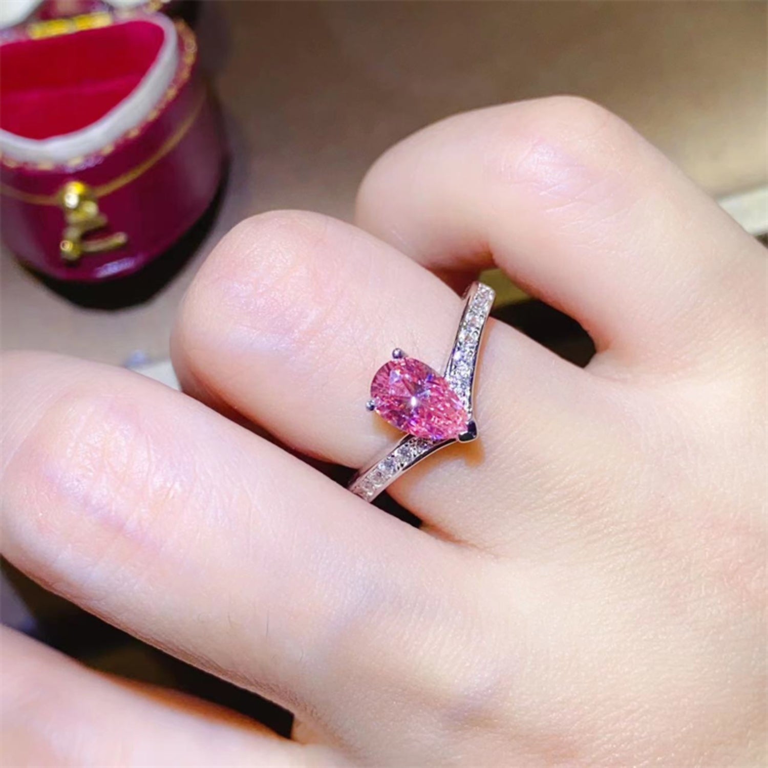 1 Carat Pear-Cut Pink Sparkala™ Platinum Over Pure Sterling Silver Ring