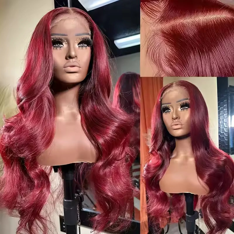 13x6 Human Hair Lace Wig, High-Definition Burgundy Lace Wig, Human Hair With Aligned Cuticle Layer, Indian Hair Wig