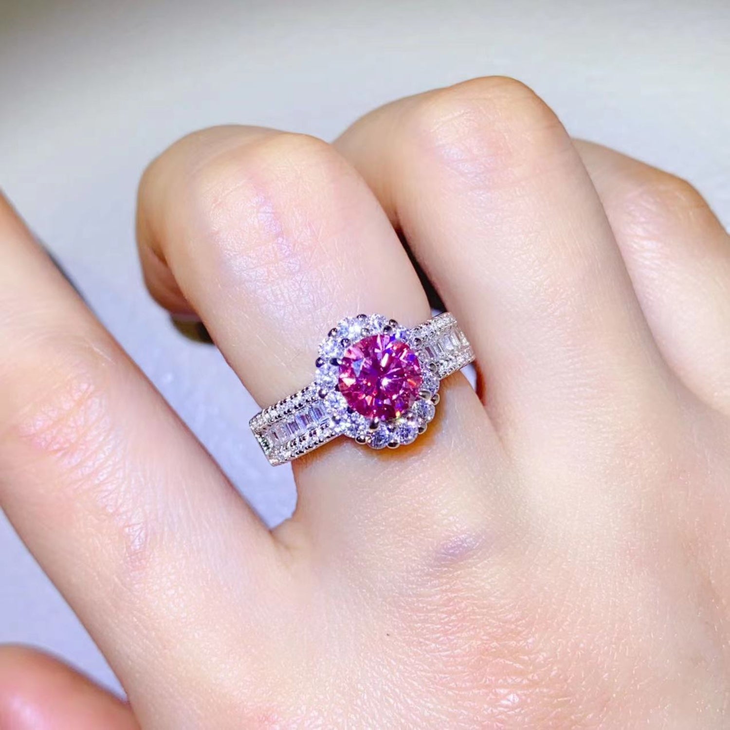 1 Carat Fuschia Red Sparkala™ Pure Sterling Silver Halo Ring