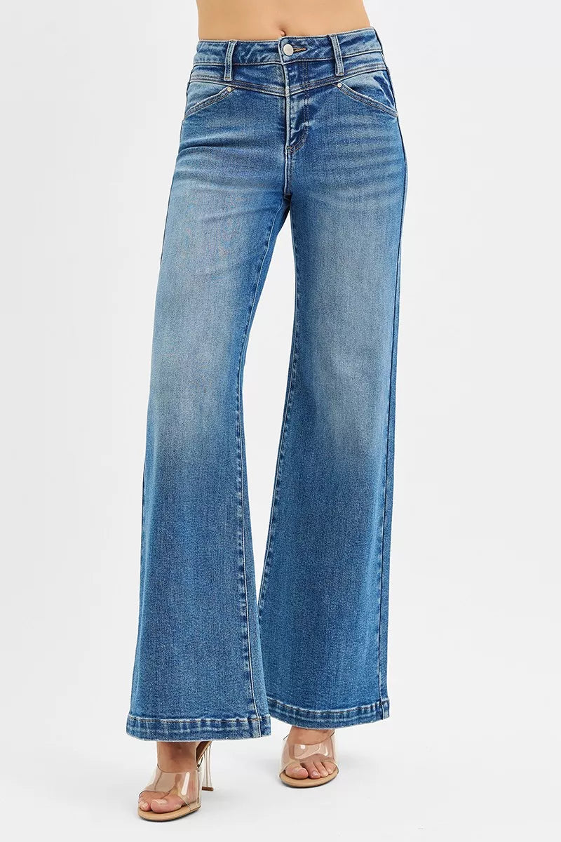 RISEN High Rise Wide Leg Jenas with Front Yoke and Heart Back Pocket