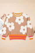 Flower Colorblock Contrast Stripe Baggy Sweater
