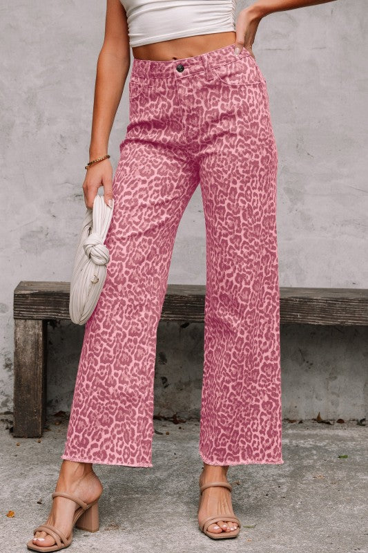 Leopard Frayed Edge High Waist Wide Leg Jeans