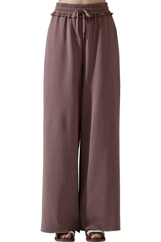 Ruffle Wide Leg Fray Hem Sweatpants