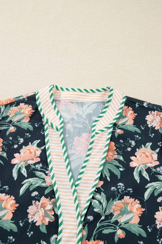 Floral Stripe Trim V-Neck Ruffle Hem Mini Dress