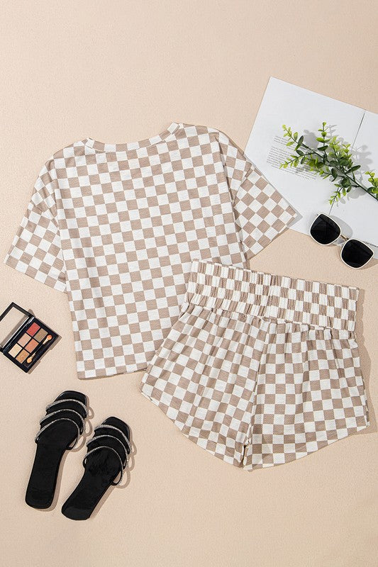 Checkerboard T Shirt High Waist Skorts 2 Piece