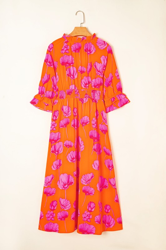 Floral Frilly Smocked V-Neck Maxi Dress