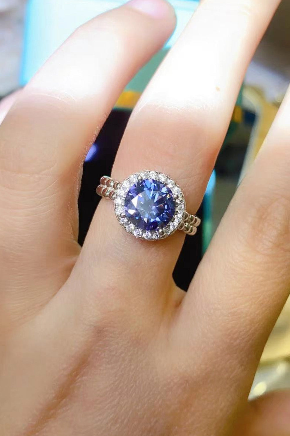 Let It Go 2 Carat Blue Blue Brilliant Round Cut Sparkala™ Halo Ring
