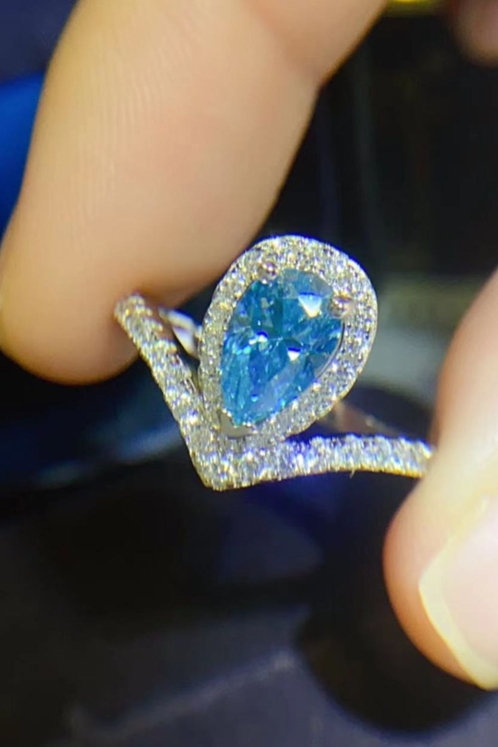 1 Carat Pear Shape Blue Sparkala™ Heart Ring (Platinum Over Pure Sterling Silver)