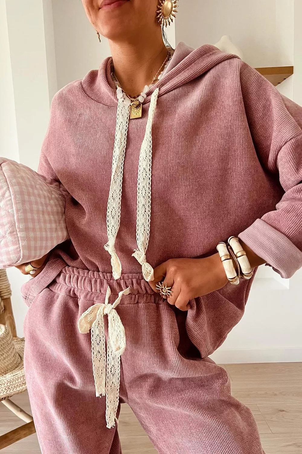 Lace Detail Dropped Shoulder Hoodie and Pants Set
