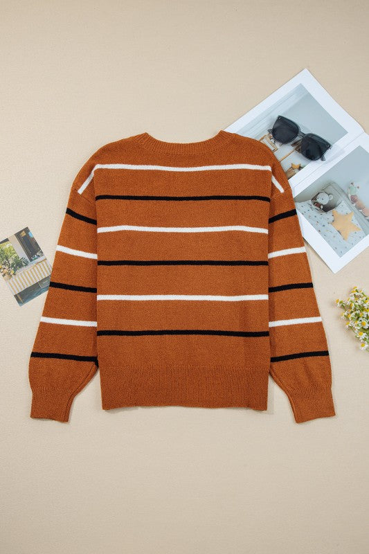 Stripe Ribbed Trim Drop Shoulder Sweater