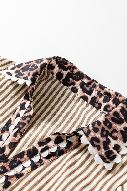 Leopard Patchwork Collared Puff Sleeve Blouse