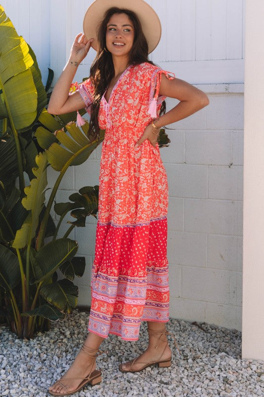 Floral Tassel Tie Sleeve Empire Waist Maxi Dress
