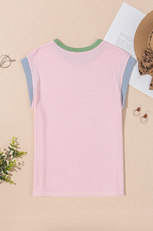 Colorblock Corded Knit Crew Neck Tee
