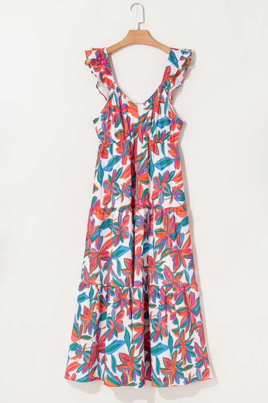 Floral Boho Ruffle Strap V-Neck Maxi Dress