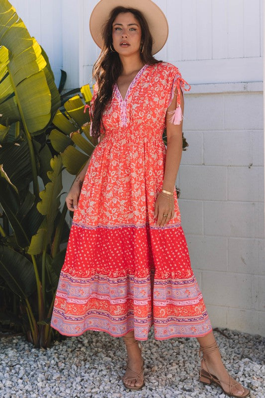 Floral Tassel Tie Sleeve Empire Waist Maxi Dress