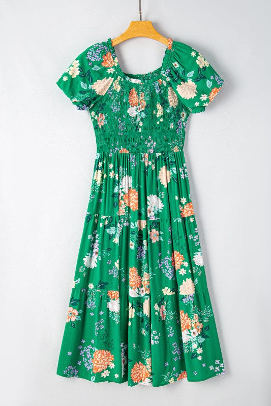 Floral Bubble Sleeve Smocked Tiered Midi Dress