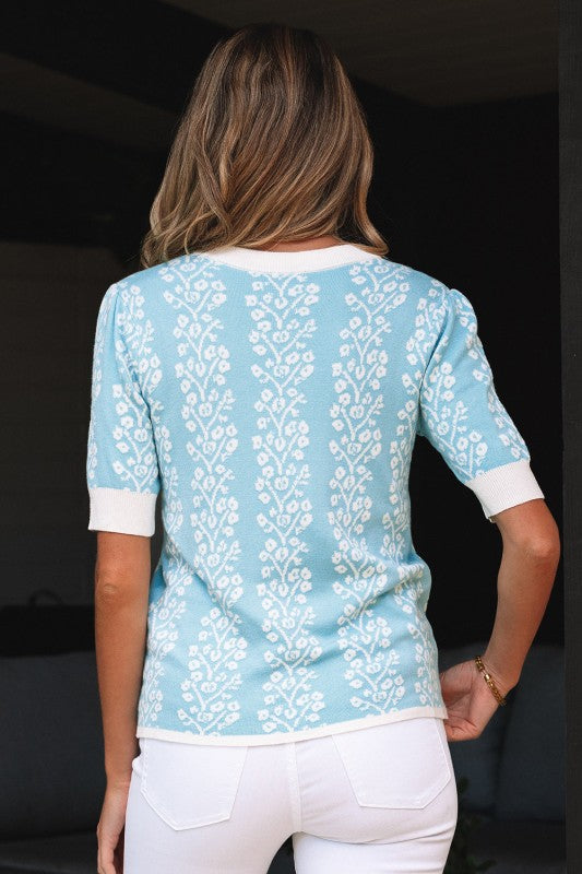 Floral Contrast Crewneck Short Sleeve Sweater