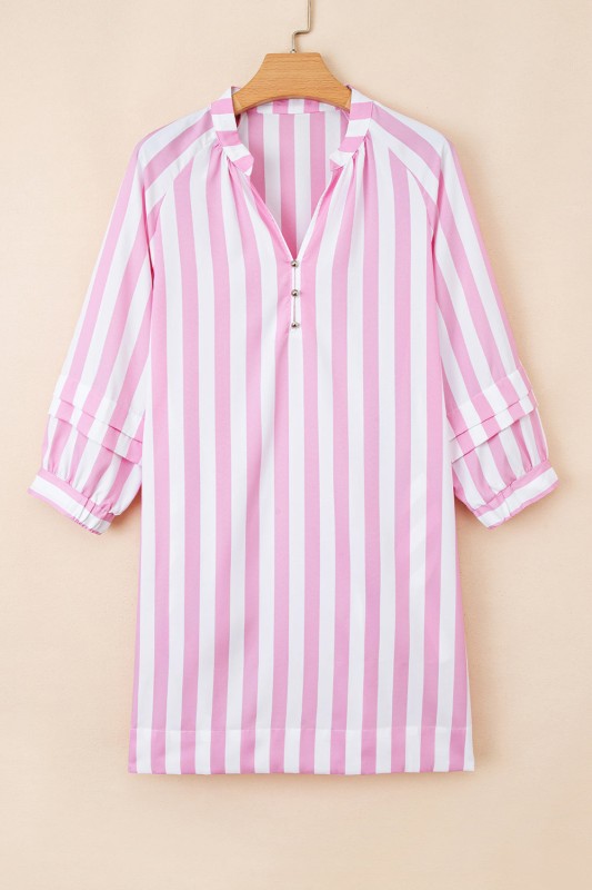 Stripe 3/4 Sleeve Buttoned V-Neck Mini Dress