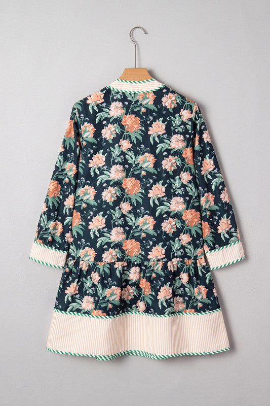 Floral Stripe Trim V-Neck Ruffle Hem Mini Dress