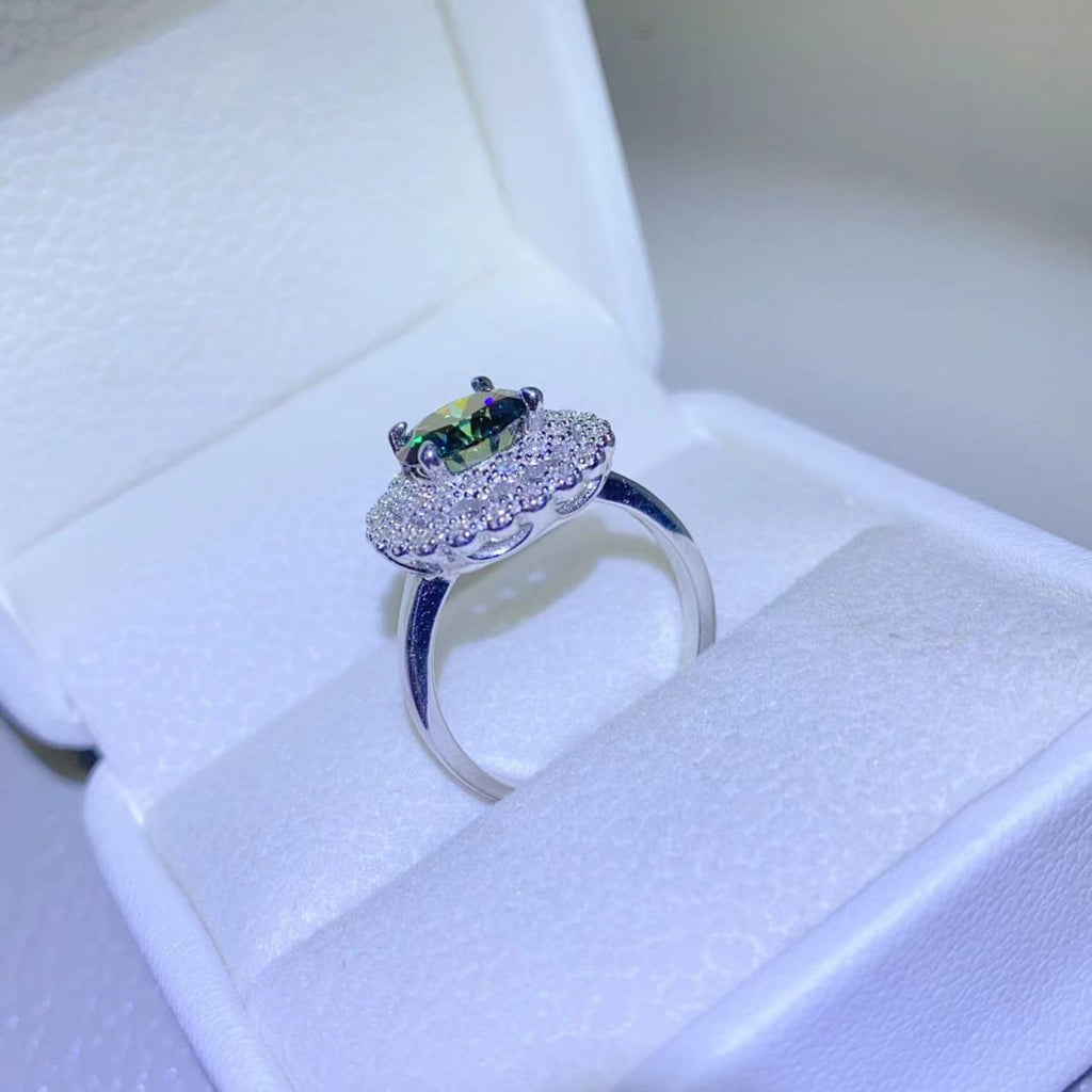 2 Carat Green Round Green Brilliant Round Cut Sparkala™ Pure Sterling Silver Halo Ring