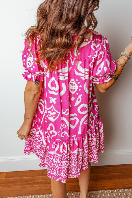 Boho Abstract Contrast Trim V-Neck Flared Dress