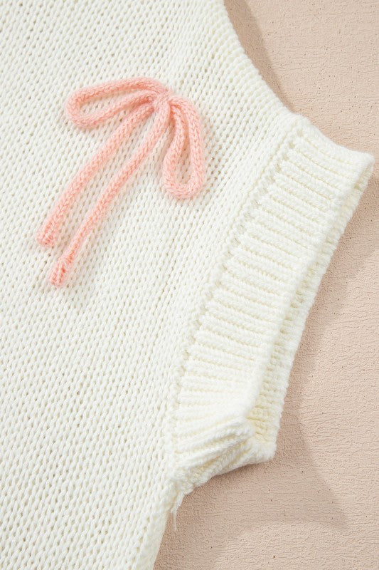 Contrast Bow Tie Short Sleeve Knit Sweater