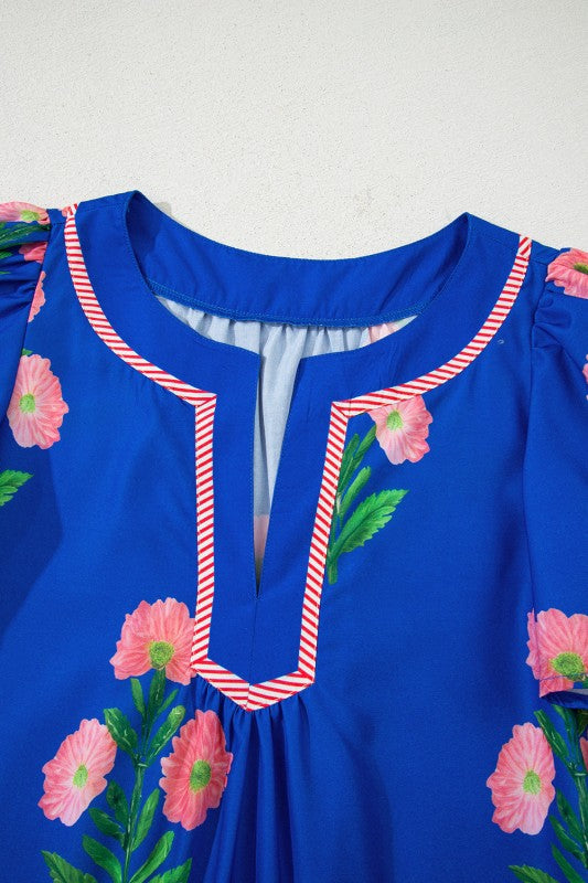 Floral Short Sleeve Split Neck Mini Dress