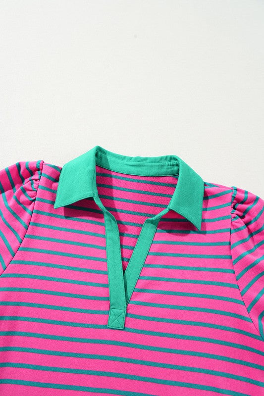 Stripe Collared V-Neck Puff Sleeve T-Shirt Dress