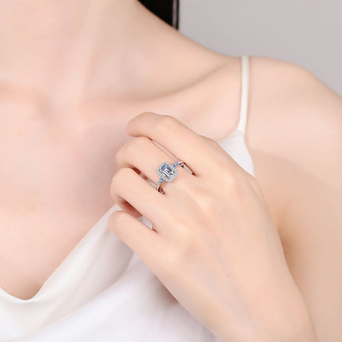 1 Carat Blue Emerald-Cut Sparkala™ Pure Sterling Silver Ring