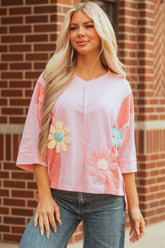 Flower Patch Exposed Seam Bracelet Sleeve T-Shirt