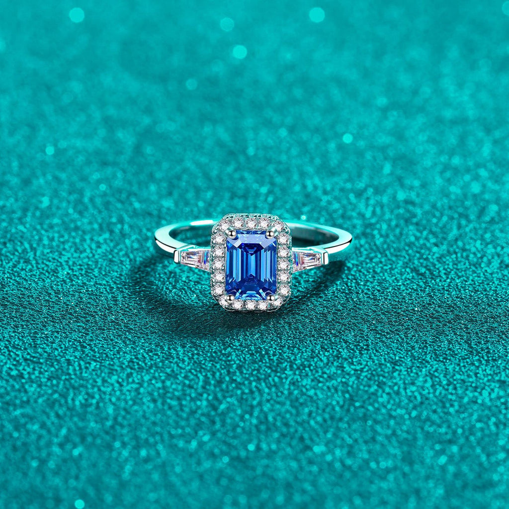1 Carat Blue Emerald-Cut Sparkala™ Pure Sterling Silver Ring