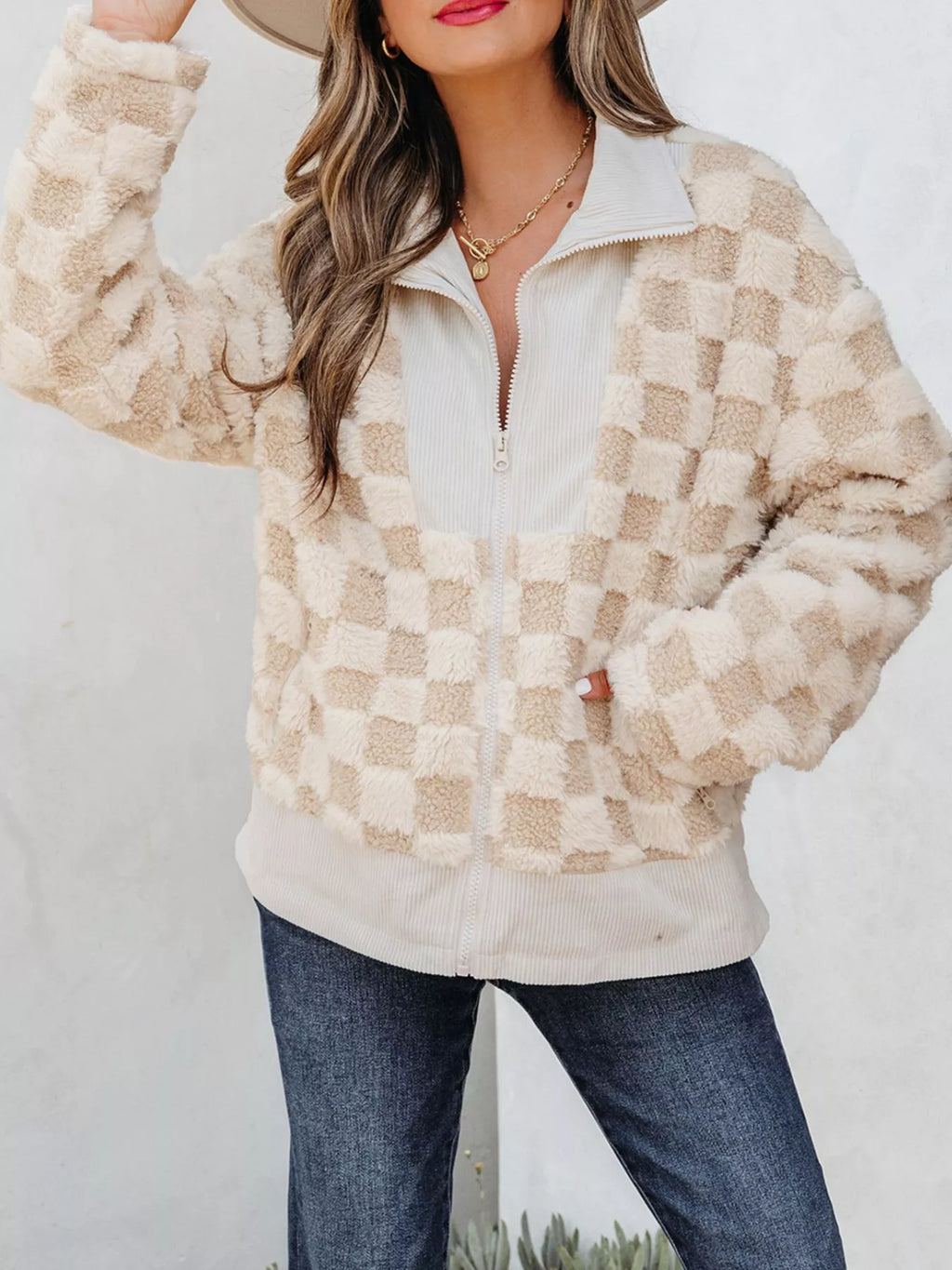 Checker Sherpa Corduroy Patchwork Zip Up Jacket