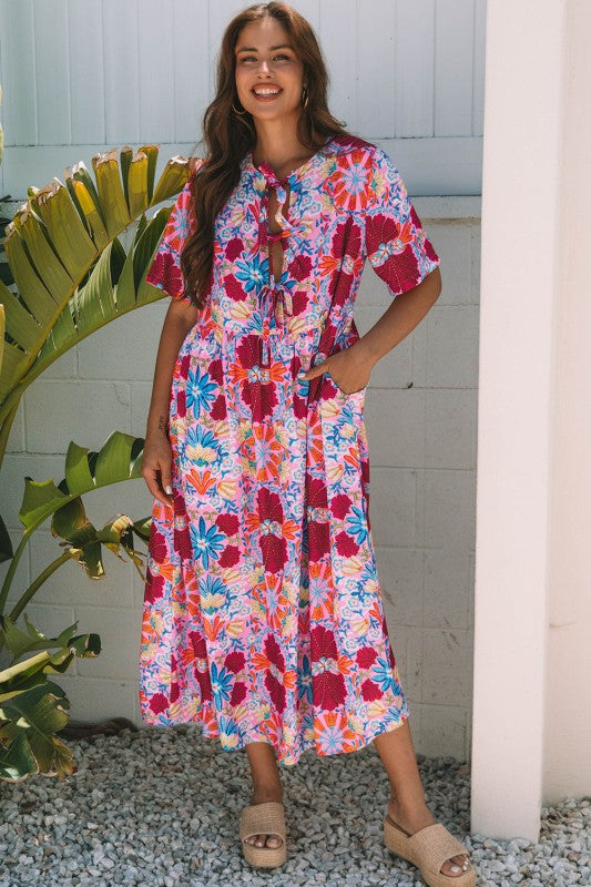 Floral Tied Front High Waist Short Sleeve Dress