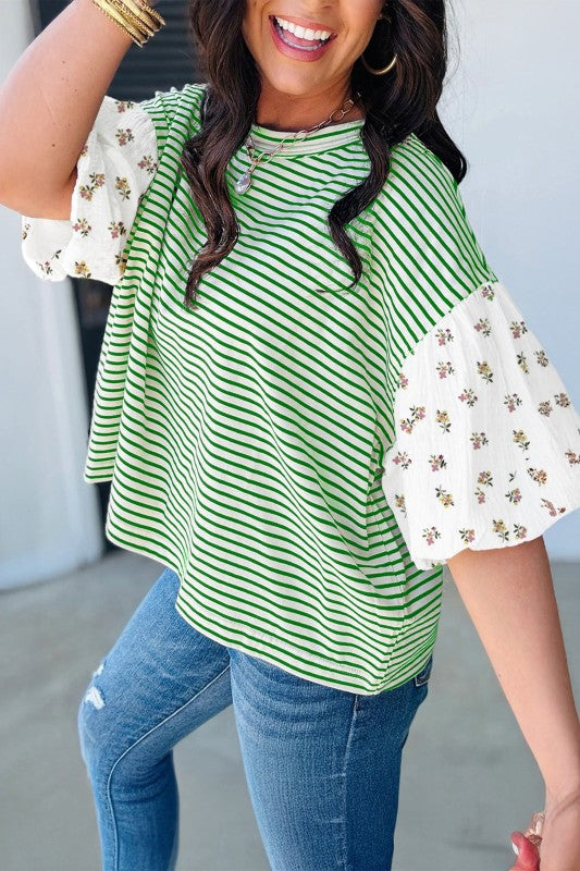 Floral Stripe Patchwork Puff Sleeve Round Neck Top
