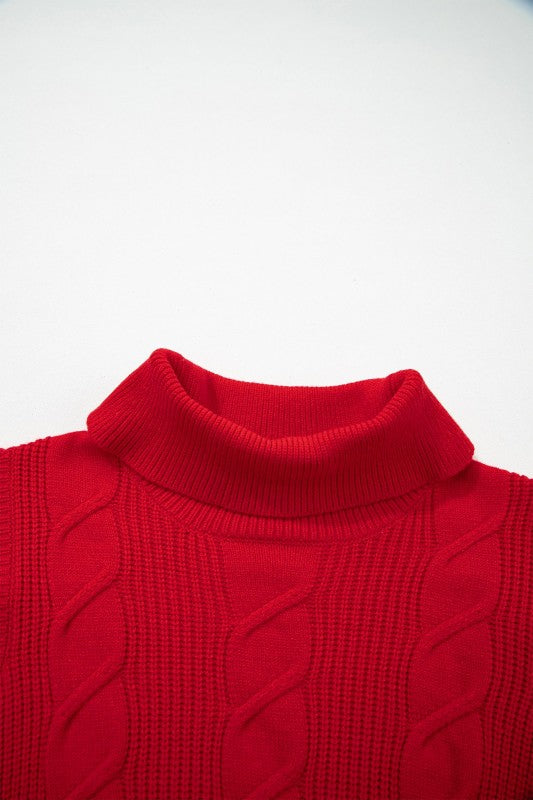 Cable Knit Turtleneck Ruffle Short Sleeve Sweater