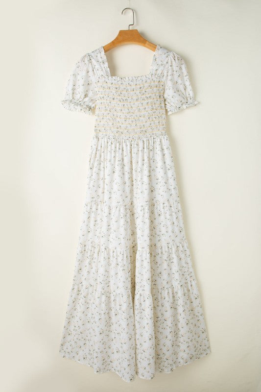 Floral Frilly Shirred Bodice Tiered Maxi Dress