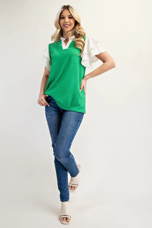 Celeste Full Size Solid Color Top with Ruffle Layered Sleeves Plus Size