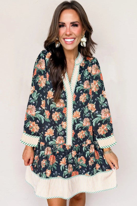 Floral Stripe Trim V-Neck Ruffle Hem Mini Dress