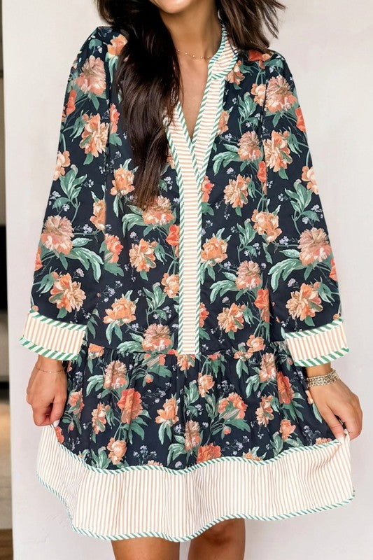 Floral Stripe Trim V-Neck Ruffle Hem Mini Dress