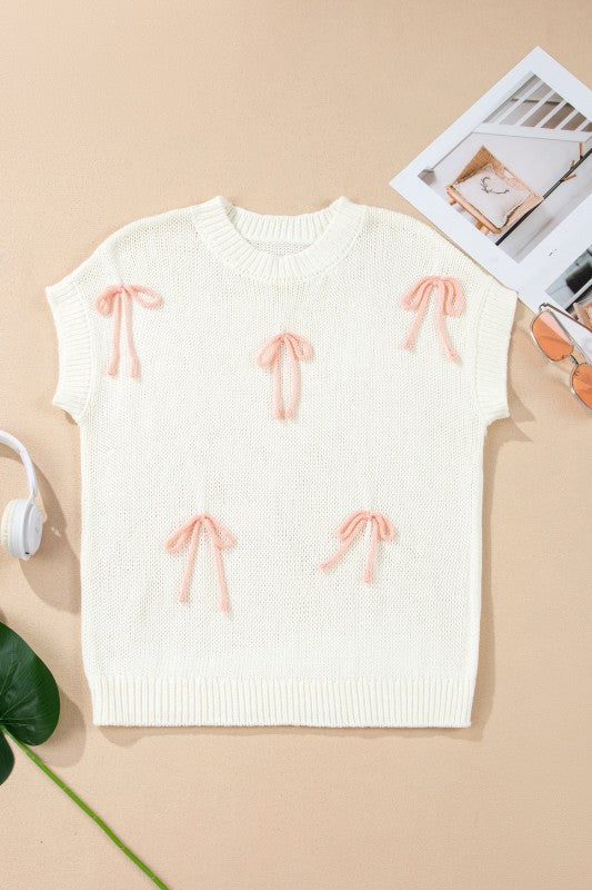Contrast Bow Tie Short Sleeve Knit Sweater