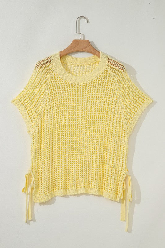 Hollow-out Crochet Tie Side Short Sleeve Sweater